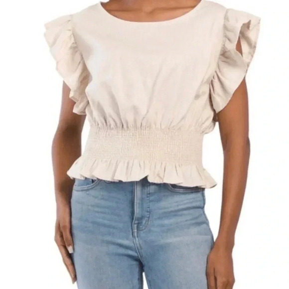 Cupcakes and Cashmere Cropped Linen Blend Flutter Sleeve Top  Blouse Size Large - Picture 6 of 6